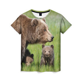 Женская футболка 3D с принтом Медведи в Белгороде, 100% полиэфир ( синтетическое хлопкоподобное полотно) | прямой крой, круглый вырез горловины, длина до линии бедер | animals | bears | children | family | green | meadow | mother | predators | дети | животные | зеленая | мама | медведи | поляна | семья | хищники