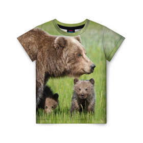 Детская футболка 3D с принтом Медведи в Белгороде, 100% гипоаллергенный полиэфир | прямой крой, круглый вырез горловины, длина до линии бедер, чуть спущенное плечо, ткань немного тянется | animals | bears | children | family | green | meadow | mother | predators | дети | животные | зеленая | мама | медведи | поляна | семья | хищники