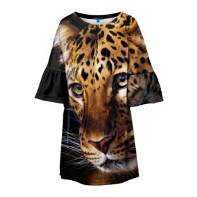 Детское платье 3D с принтом Леопард в Белгороде, 100% полиэстер | прямой силуэт, чуть расширенный к низу. Круглая горловина, на рукавах — воланы | animal | leopard | look | predator | spotted | wild | взгляд | дикий | животное | леопард | пятнистый | хищник