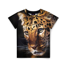 Детская футболка 3D с принтом Леопард в Белгороде, 100% гипоаллергенный полиэфир | прямой крой, круглый вырез горловины, длина до линии бедер, чуть спущенное плечо, ткань немного тянется | Тематика изображения на принте: animal | leopard | look | predator | spotted | wild | взгляд | дикий | животное | леопард | пятнистый | хищник