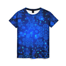 Женская футболка 3D с принтом Снежинки в Белгороде, 100% полиэфир ( синтетическое хлопкоподобное полотно) | прямой крой, круглый вырез горловины, длина до линии бедер | круги | новогодний | рождество | синий | снежинка | темный