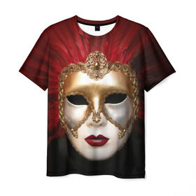 Мужская футболка 3D с принтом Венецианская маска в Белгороде, 100% полиэфир | прямой крой, круглый вырез горловины, длина до линии бедер | венеция | италия | карнавал | красный | лицо | перья