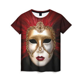 Женская футболка 3D с принтом Венецианская маска в Белгороде, 100% полиэфир ( синтетическое хлопкоподобное полотно) | прямой крой, круглый вырез горловины, длина до линии бедер | Тематика изображения на принте: венеция | италия | карнавал | красный | лицо | перья