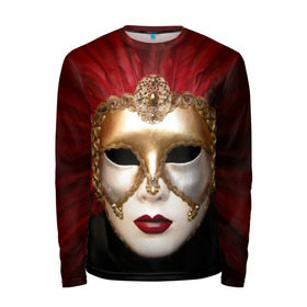 Мужской лонгслив 3D с принтом Венецианская маска в Белгороде, 100% полиэстер | длинные рукава, круглый вырез горловины, полуприлегающий силуэт | Тематика изображения на принте: венеция | италия | карнавал | красный | лицо | перья