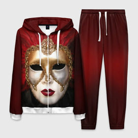 Мужской костюм 3D с принтом Венецианская маска в Белгороде, 100% полиэстер | Манжеты и пояс оформлены тканевой резинкой, двухслойный капюшон со шнурком для регулировки, карманы спереди | венеция | италия | карнавал | красный | лицо | перья
