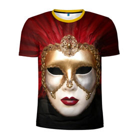 Мужская футболка 3D спортивная с принтом Венецианская маска в Белгороде, 100% полиэстер с улучшенными характеристиками | приталенный силуэт, круглая горловина, широкие плечи, сужается к линии бедра | венеция | италия | карнавал | красный | лицо | перья