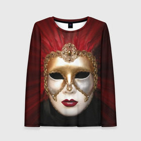 Женский лонгслив 3D с принтом Венецианская маска в Белгороде, 100% полиэстер | длинные рукава, круглый вырез горловины, полуприлегающий силуэт | Тематика изображения на принте: венеция | италия | карнавал | красный | лицо | перья
