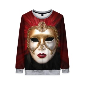 Женский свитшот 3D с принтом Венецианская маска в Белгороде, 100% полиэстер с мягким внутренним слоем | круглый вырез горловины, мягкая резинка на манжетах и поясе, свободная посадка по фигуре | венеция | италия | карнавал | красный | лицо | перья