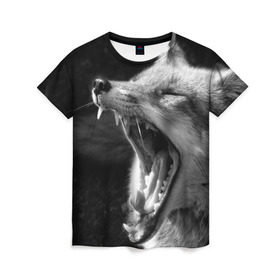 Женская футболка 3D с принтом Лиса в Белгороде, 100% полиэфир ( синтетическое хлопкоподобное полотно) | прямой крой, круглый вырез горловины, длина до линии бедер | animal | bw | fox | jaws | predator | sly | teeth | wild | yawn | дикая | животное | зевает | зубы | лиса | пасть | хитрая | хищник | чб