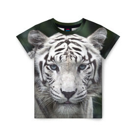 Детская футболка 3D с принтом Белый тигр в Белгороде, 100% гипоаллергенный полиэфир | прямой крой, круглый вырез горловины, длина до линии бедер, чуть спущенное плечо, ткань немного тянется | animal | jungle | look | predator | tiger | white | wild | белый | взгляд | джунгли | дикий | животное | тигр | хищник