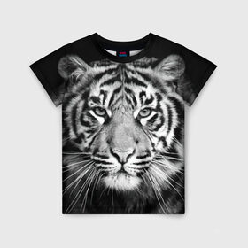 Детская футболка 3D с принтом Тигр в Белгороде, 100% гипоаллергенный полиэфир | прямой крой, круглый вырез горловины, длина до линии бедер, чуть спущенное плечо, ткань немного тянется | animal | black   white | look | predator | tiger | wild | взгляд | дикий | животное | тигр | хищник | черно   белый
