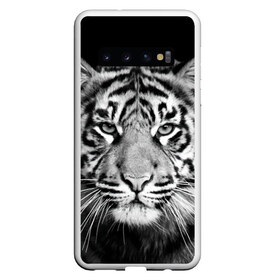 Чехол для Samsung Galaxy S10 с принтом Тигр в Белгороде, Силикон | Область печати: задняя сторона чехла, без боковых панелей | animal | black   white | look | predator | tiger | wild | взгляд | дикий | животное | тигр | хищник | черно   белый