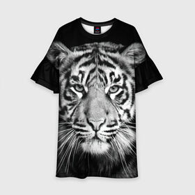 Детское платье 3D с принтом Тигр в Белгороде, 100% полиэстер | прямой силуэт, чуть расширенный к низу. Круглая горловина, на рукавах — воланы | animal | black   white | look | predator | tiger | wild | взгляд | дикий | животное | тигр | хищник | черно   белый