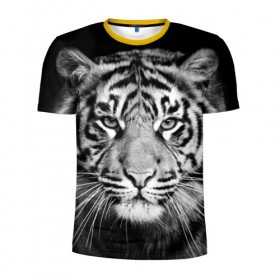 Мужская футболка 3D спортивная с принтом Тигр в Белгороде, 100% полиэстер с улучшенными характеристиками | приталенный силуэт, круглая горловина, широкие плечи, сужается к линии бедра | animal | black   white | look | predator | tiger | wild | взгляд | дикий | животное | тигр | хищник | черно   белый