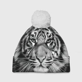 Шапка 3D c помпоном с принтом Тигр в Белгороде, 100% полиэстер | универсальный размер, печать по всей поверхности изделия | animal | black   white | look | predator | tiger | wild | взгляд | дикий | животное | тигр | хищник | черно   белый