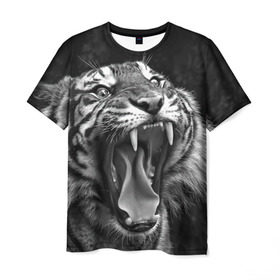 Мужская футболка 3D с принтом Тигр в Белгороде, 100% полиэфир | прямой крой, круглый вырез горловины, длина до линии бедер | animal | black   white | fangs | jaws | jungle | predator | teeth | tiger | wild | джунгли | дикий | животное | клыки | оскал | пасть | тигр | хищник | черно   белый