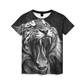 Женская футболка 3D с принтом Тигр в Белгороде, 100% полиэфир ( синтетическое хлопкоподобное полотно) | прямой крой, круглый вырез горловины, длина до линии бедер | animal | black   white | fangs | jaws | jungle | predator | teeth | tiger | wild | джунгли | дикий | животное | клыки | оскал | пасть | тигр | хищник | черно   белый