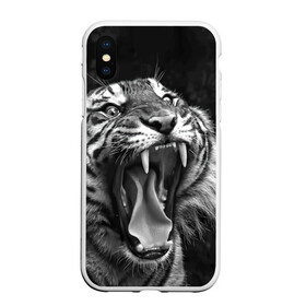 Чехол для iPhone XS Max матовый с принтом Тигр в Белгороде, Силикон | Область печати: задняя сторона чехла, без боковых панелей | animal | black   white | fangs | jaws | jungle | predator | teeth | tiger | wild | джунгли | дикий | животное | клыки | оскал | пасть | тигр | хищник | черно   белый