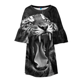 Детское платье 3D с принтом Тигр в Белгороде, 100% полиэстер | прямой силуэт, чуть расширенный к низу. Круглая горловина, на рукавах — воланы | animal | black   white | fangs | jaws | jungle | predator | teeth | tiger | wild | джунгли | дикий | животное | клыки | оскал | пасть | тигр | хищник | черно   белый