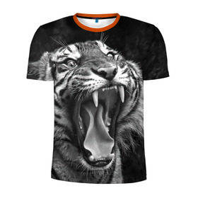 Мужская футболка 3D спортивная с принтом Тигр в Белгороде, 100% полиэстер с улучшенными характеристиками | приталенный силуэт, круглая горловина, широкие плечи, сужается к линии бедра | animal | black   white | fangs | jaws | jungle | predator | teeth | tiger | wild | джунгли | дикий | животное | клыки | оскал | пасть | тигр | хищник | черно   белый
