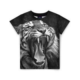 Детская футболка 3D с принтом Тигр в Белгороде, 100% гипоаллергенный полиэфир | прямой крой, круглый вырез горловины, длина до линии бедер, чуть спущенное плечо, ткань немного тянется | animal | black   white | fangs | jaws | jungle | predator | teeth | tiger | wild | джунгли | дикий | животное | клыки | оскал | пасть | тигр | хищник | черно   белый