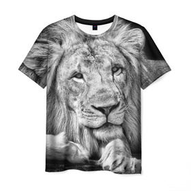 Мужская футболка 3D с принтом Лев в Белгороде, 100% полиэфир | прямой крой, круглый вырез горловины, длина до линии бедер | animal | black   white | king | lies | lion | look | predator | wild | взгляд | дикий | животное | зверь | лев | лежит | хищник | царь | черно   белый