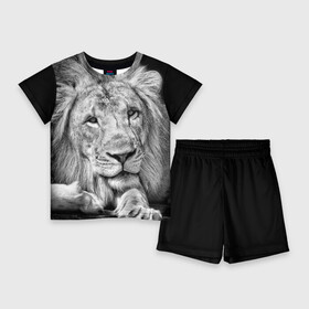 Детский костюм с шортами 3D с принтом Лев в Белгороде,  |  | animal | black   white | king | lies | lion | look | predator | wild | взгляд | дикий | животное | зверь | лев | лежит | хищник | царь | черно   белый