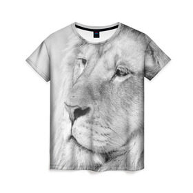 Женская футболка 3D с принтом Лев в Белгороде, 100% полиэфир ( синтетическое хлопкоподобное полотно) | прямой крой, круглый вырез горловины, длина до линии бедер | animal | black   white | king | lion | look | predator | wild | взгляд | дикий | животное | зверь | лев | хищник | царь | черно   белый