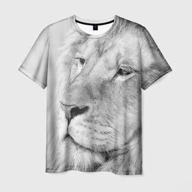Мужская футболка 3D с принтом Лев в Белгороде, 100% полиэфир | прямой крой, круглый вырез горловины, длина до линии бедер | Тематика изображения на принте: animal | black   white | king | lion | look | predator | wild | взгляд | дикий | животное | зверь | лев | хищник | царь | черно   белый