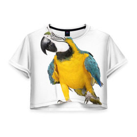Женская футболка 3D укороченная с принтом Попугай ара в Белгороде, 100% полиэстер | круглая горловина, длина футболки до линии талии, рукава с отворотами | желтый | птица | синий | экзотика