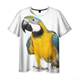Мужская футболка 3D с принтом Попугай ара в Белгороде, 100% полиэфир | прямой крой, круглый вырез горловины, длина до линии бедер | Тематика изображения на принте: желтый | птица | синий | экзотика