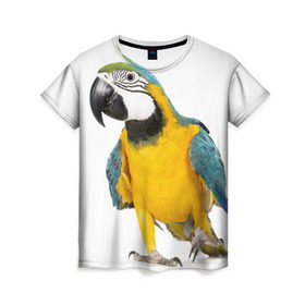Женская футболка 3D с принтом Попугай ара в Белгороде, 100% полиэфир ( синтетическое хлопкоподобное полотно) | прямой крой, круглый вырез горловины, длина до линии бедер | желтый | птица | синий | экзотика
