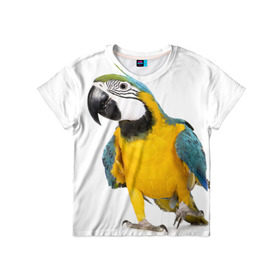 Детская футболка 3D с принтом Попугай ара в Белгороде, 100% гипоаллергенный полиэфир | прямой крой, круглый вырез горловины, длина до линии бедер, чуть спущенное плечо, ткань немного тянется | желтый | птица | синий | экзотика