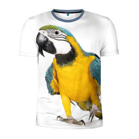Мужская футболка 3D спортивная с принтом Попугай ара в Белгороде, 100% полиэстер с улучшенными характеристиками | приталенный силуэт, круглая горловина, широкие плечи, сужается к линии бедра | желтый | птица | синий | экзотика