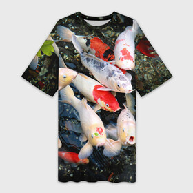 Платье-футболка 3D с принтом Koi Fish (карпы кои) в Белгороде,  |  | bright | brocade | carp | color | decorative | depth | exotic | fish | koi | koi fish | sea | water | вода | глубина | декоративные | карпы | кои | море | парчовый | рыбки | цвет | экзотические | яркий