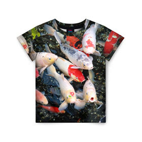 Детская футболка 3D с принтом Koi Fish (карпы кои) в Белгороде, 100% гипоаллергенный полиэфир | прямой крой, круглый вырез горловины, длина до линии бедер, чуть спущенное плечо, ткань немного тянется | Тематика изображения на принте: bright | brocade | carp | color | decorative | depth | exotic | fish | koi | koi fish | sea | water | вода | глубина | декоративные | карпы | кои | море | парчовый | рыбки | цвет | экзотические | яркий