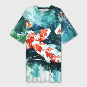 Платье-футболка 3D с принтом Koi Fish (карпы кои) в Белгороде,  |  | bright | brocade | carp | color | decorative | depth | exotic | fish | koi | koi fish | sea | water | вода | глубина | декоративные | карпы | кои | море | парчовый | рыбки | цвет | экзотические | яркий