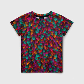 Детская футболка 3D с принтом Перья в Белгороде, 100% гипоаллергенный полиэфир | прямой крой, круглый вырез горловины, длина до линии бедер, чуть спущенное плечо, ткань немного тянется | петух | попугай | птица | разноцветный | текстура | чудо