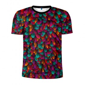 Мужская футболка 3D спортивная с принтом Перья в Белгороде, 100% полиэстер с улучшенными характеристиками | приталенный силуэт, круглая горловина, широкие плечи, сужается к линии бедра | петух | попугай | птица | разноцветный | текстура | чудо