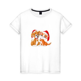 Женская футболка хлопок с принтом Щенок и котенок в Белгороде, 100% хлопок | прямой крой, круглый вырез горловины, длина до линии бедер, слегка спущенное плечо | 
