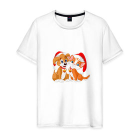 Мужская футболка хлопок с принтом Щенок и котенок в Белгороде, 100% хлопок | прямой крой, круглый вырез горловины, длина до линии бедер, слегка спущенное плечо. | 