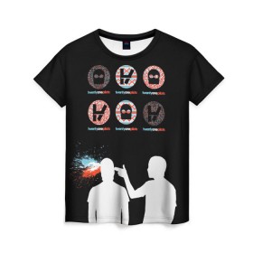 Женская футболка 3D с принтом Twenty one pilots в Белгороде, 100% полиэфир ( синтетическое хлопкоподобное полотно) | прямой крой, круглый вырез горловины, длина до линии бедер | rock | t.o.p. | top | twenty one pilots | рок