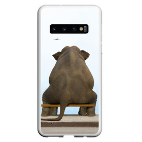 Чехол для Samsung Galaxy S10 с принтом Слон и журавли в Белгороде, Силикон | Область печати: задняя сторона чехла, без боковых панелей | bench | coast | cranes | dream | elephant | flight | sea | sitting | берег | журавли | мечты | море | полет | сидит | скамейка | слон