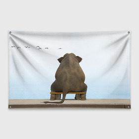Флаг-баннер с принтом Слон и журавли в Белгороде, 100% полиэстер | размер 67 х 109 см, плотность ткани — 95 г/м2; по краям флага есть четыре люверса для крепления | bench | coast | cranes | dream | elephant | flight | sea | sitting | берег | журавли | мечты | море | полет | сидит | скамейка | слон