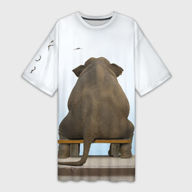 Платье-футболка 3D с принтом Слон и журавли в Белгороде,  |  | bench | coast | cranes | dream | elephant | flight | sea | sitting | берег | журавли | мечты | море | полет | сидит | скамейка | слон