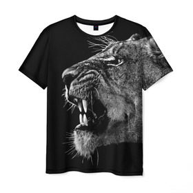 Мужская футболка 3D с принтом Львица в Белгороде, 100% полиэфир | прямой крой, круглый вырез горловины, длина до линии бедер | animal | fangs | head | lion | lioness | predator | teeth | wild | голова | дикая | животное | клыки | лев | львица | оскал | хищник