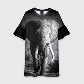 Детское платье 3D с принтом Слон в Белгороде, 100% полиэстер | прямой силуэт, чуть расширенный к низу. Круглая горловина, на рукавах — воланы | africa | animal | big | black   white | elephant | go | road | savannah | wild | африка | большой | дикий | дорога | животное | идет | саванна | слон | черно   белый