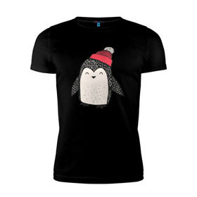 Мужская футболка премиум с принтом Пингвин в шапке в Белгороде, 92% хлопок, 8% лайкра | приталенный силуэт, круглый вырез ворота, длина до линии бедра, короткий рукав | Тематика изображения на принте: милота