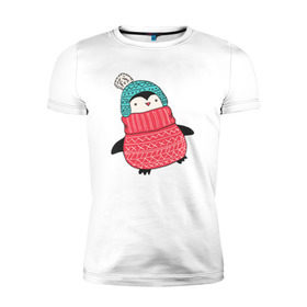 Мужская футболка премиум с принтом Пингвин в шапке в Белгороде, 92% хлопок, 8% лайкра | приталенный силуэт, круглый вырез ворота, длина до линии бедра, короткий рукав | 