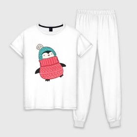Женская пижама хлопок с принтом Пингвин в шапке в Белгороде, 100% хлопок | брюки и футболка прямого кроя, без карманов, на брюках мягкая резинка на поясе и по низу штанин | 